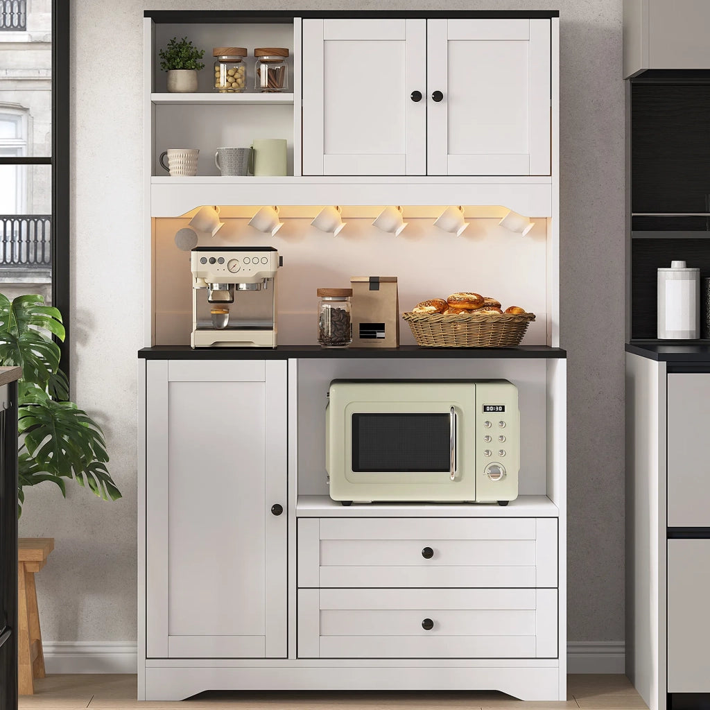 Armadio da cucina alto 100x40x163 cm con illuminazione LED, prese e USB, spazio microonde, ripiani regolabili e portaspezie. Per cucina, sala da pranzo e soggiorno