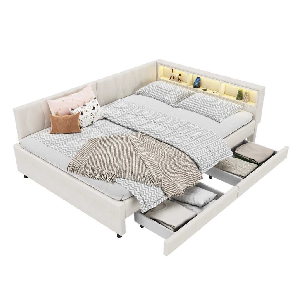 Letto con cassetti 140 × 200 cm con LED USB e Type-C in lino e MDF beige