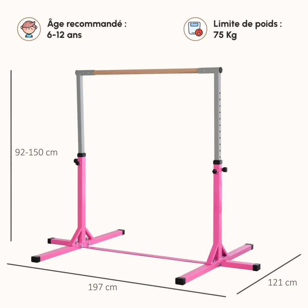 Sbarra fissa da ginnastica per bambini regolabile 13 livelli 194 x 121 x 92-150 cm antiscivolo stabile contemporanea in acciaio rosa 21_0006777