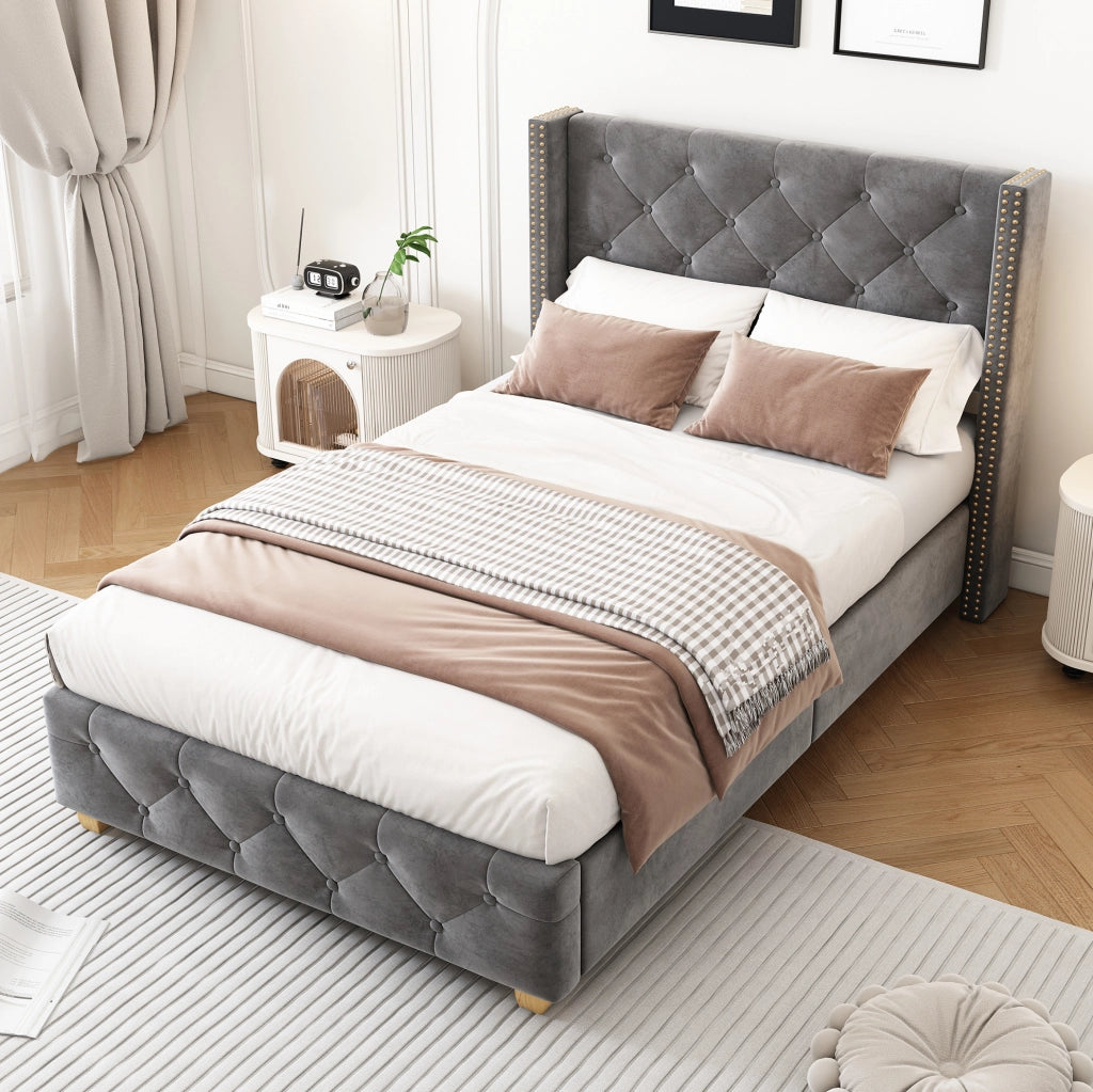 LETTO imbottito 90x200 cm in velluto grigio con rete a doghe