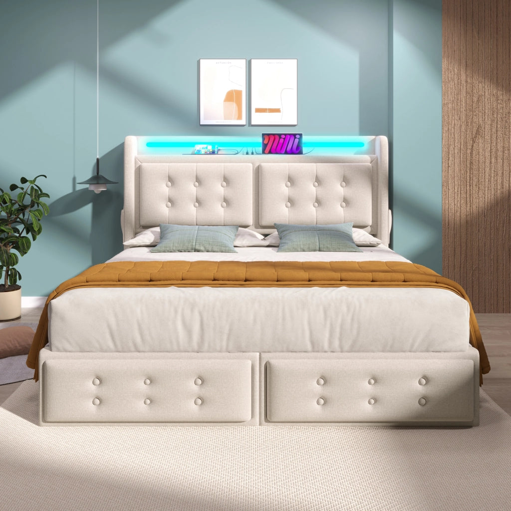 Letto con cassetti 180 × 200 cm LED e ricarica USB-C; testiera imbottita; cotone e lino beige