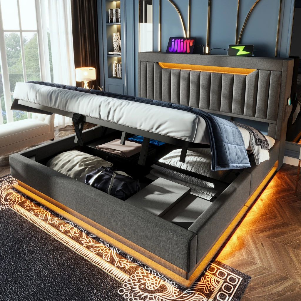 Letto matrimoniale 180 × 200 cm con vano contenitore LED USB e Type C in lino grigio con testiera