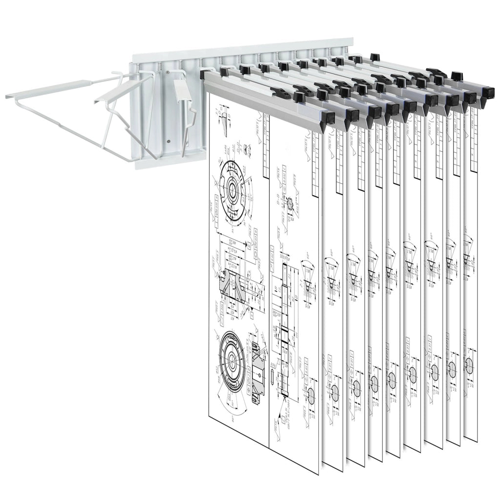 Cremagliera per Progetti a Parete TFLT056 con 12 Staffe Girevoli in Metallo Bianco, Rack Supporto Disegni 605 x 265 x 375 mm