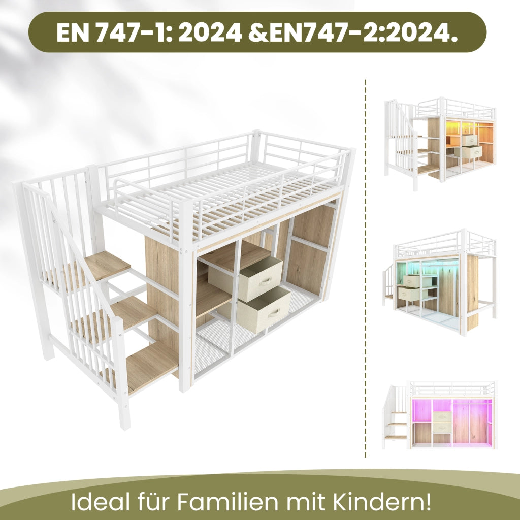 Letto a soppalco 90 × 200 cm con 2 cassetti LED multicolore metallo e MDF bianco