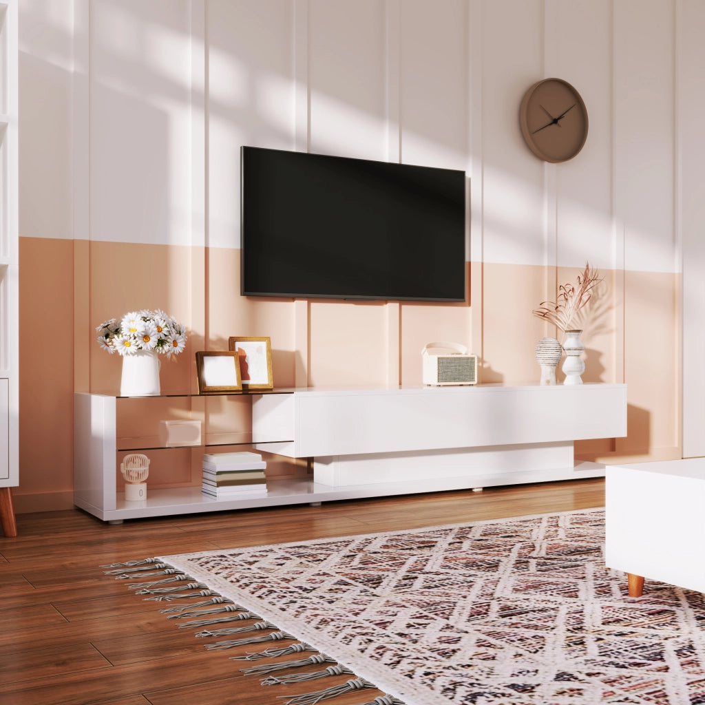 Mobile TV 170x36x38 cm Bianco Lucido con LED Multicolore, 2 Cassetti e 2 Ripiani in Vetro