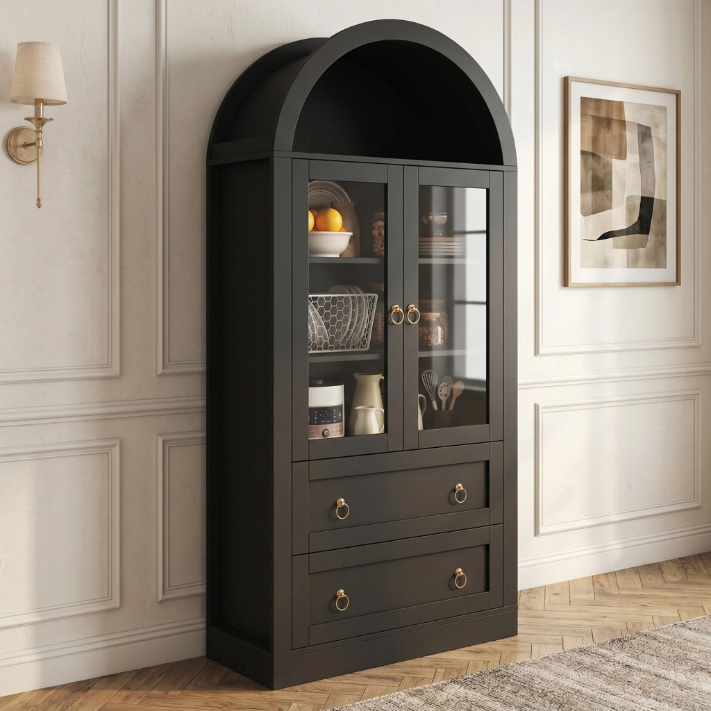 Mobile alto da cucina, mobile contenitore, 2 cassetti, ante in vetro, 80 x 36 x 170 cm, nero