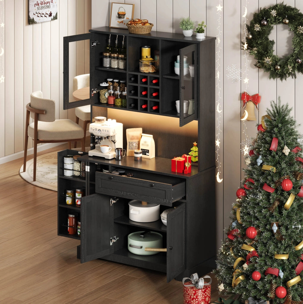Credenza da cucina con LED, prese e portabottiglie, nera