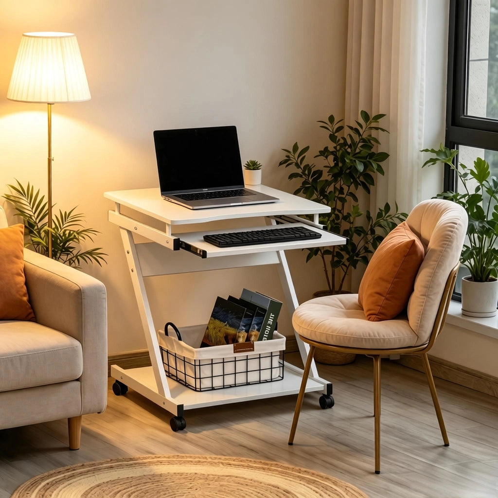 Scrivania per computer con ripiano tastiera e ruote per ufficio e studio; metallo e truciolare; bianco 60×48×73 cm