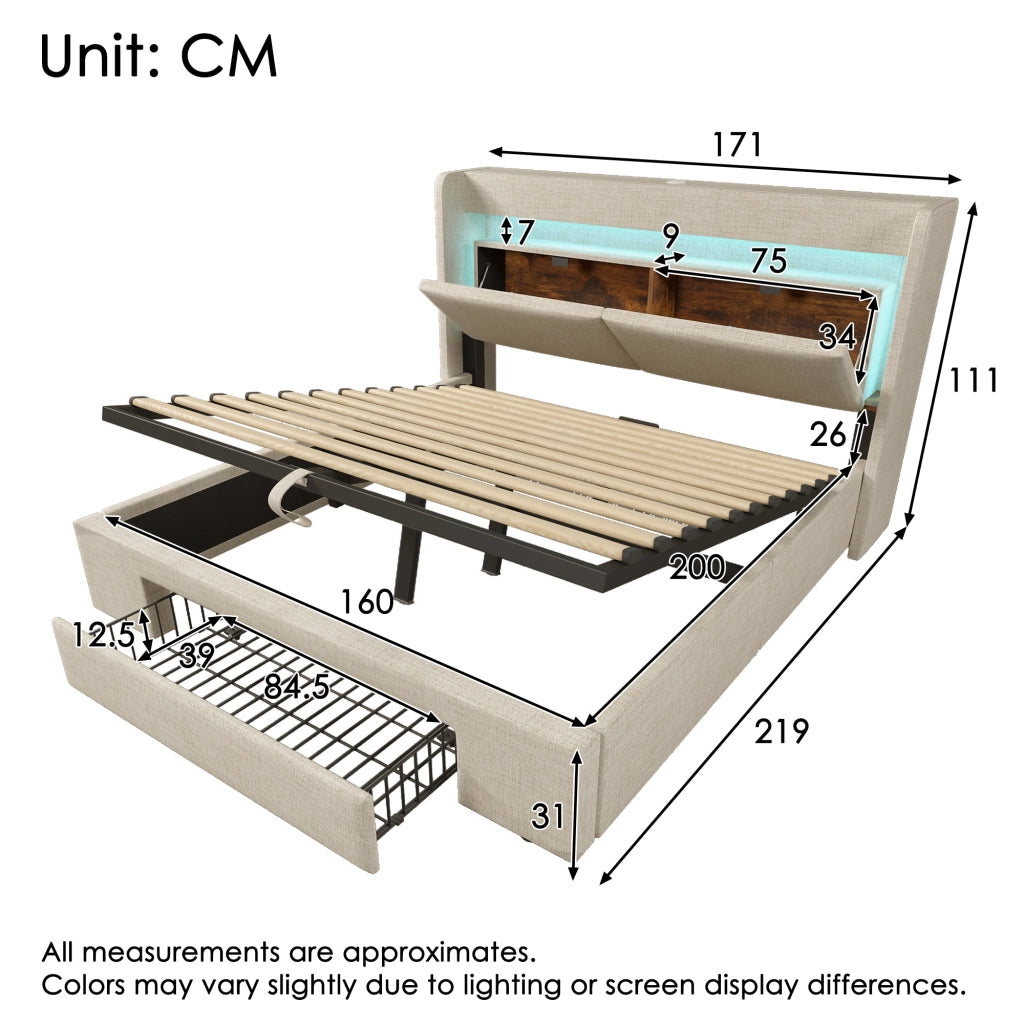 Letto contenitore 160x200 cm beige con materasso e LED