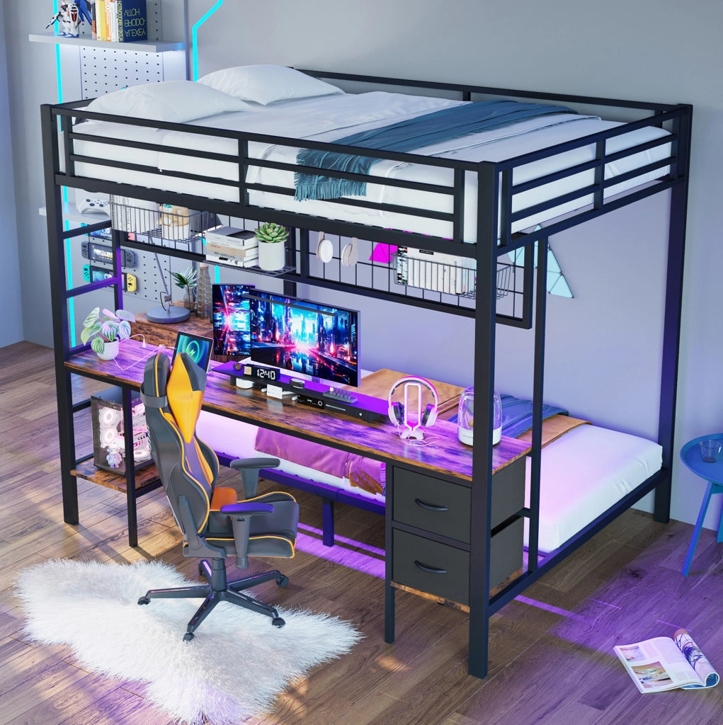 Letto a soppalco 140x200 cm con scrivania; cassetti e LED RGB in metallo e MDF nero