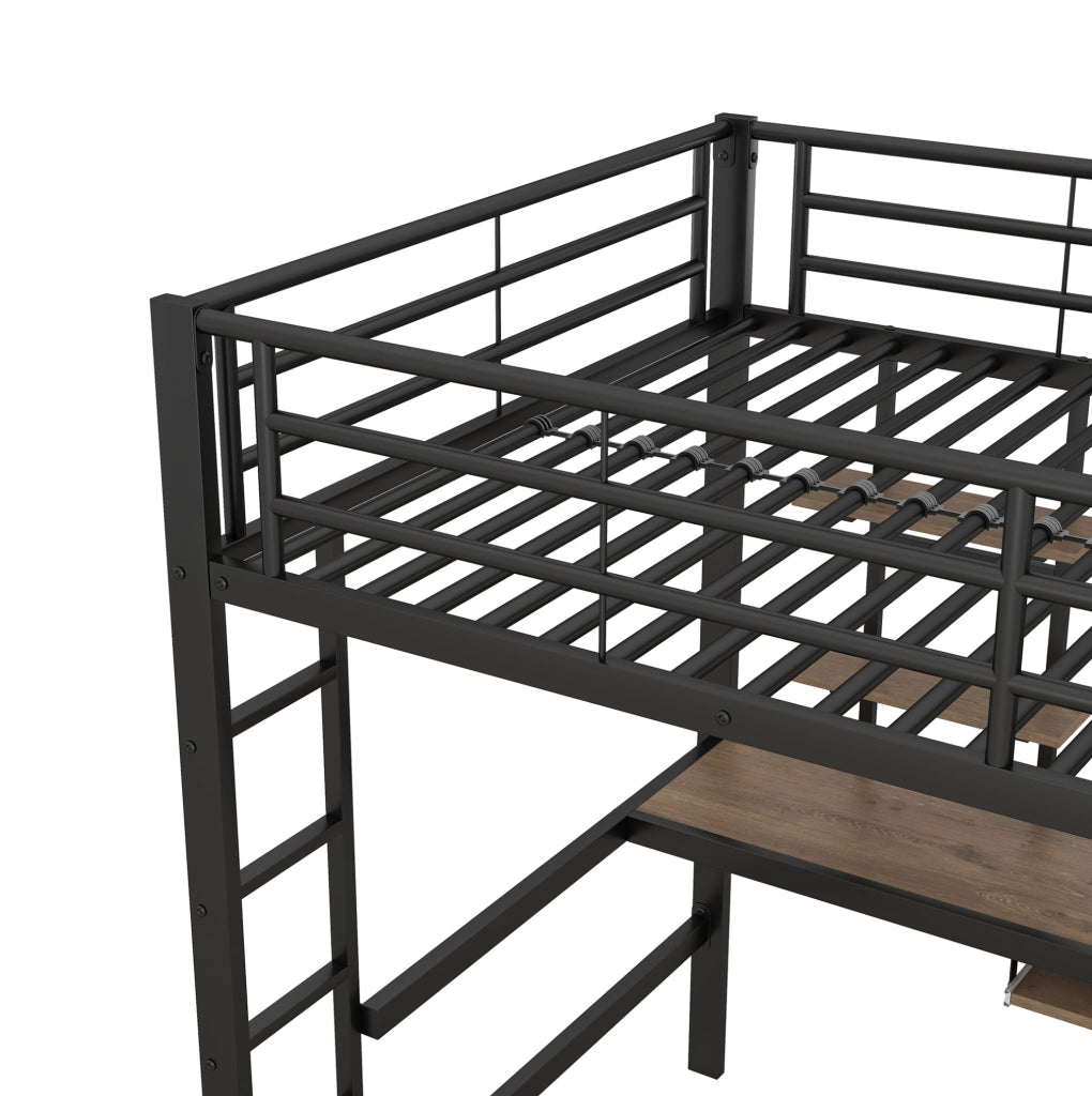 Letto a soppalco 140x200 cm nero in metallo con scrivania e 2 librerie