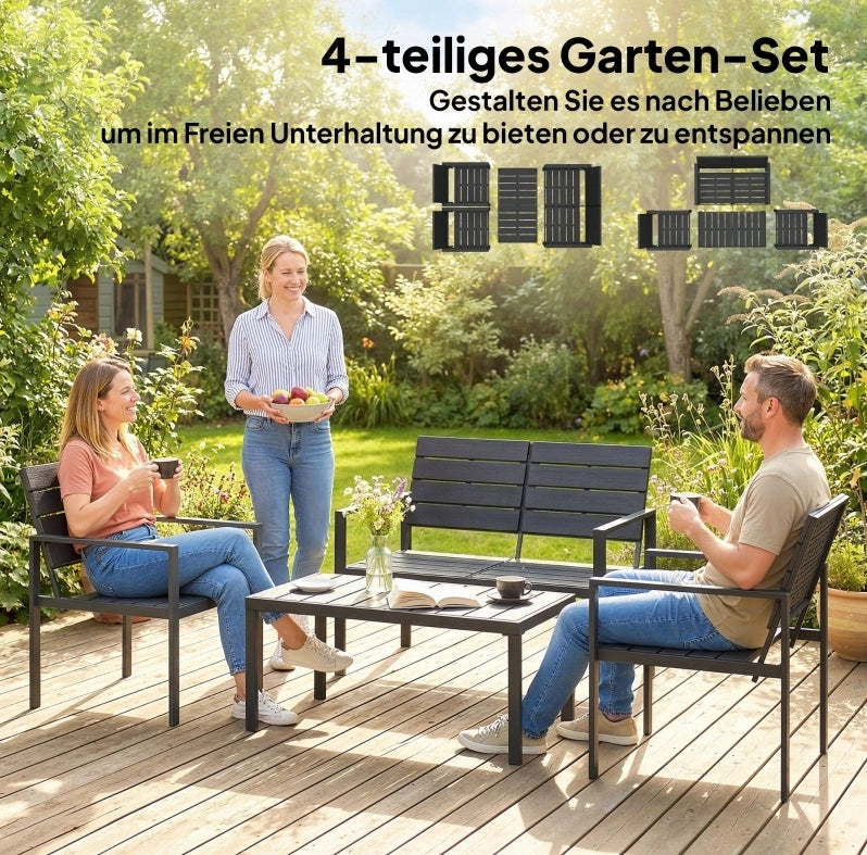Set da giardino ULEVR 4 posti con divano 2 posti, 2 poltrone e tavolino 95,3x50,5 cm, nero