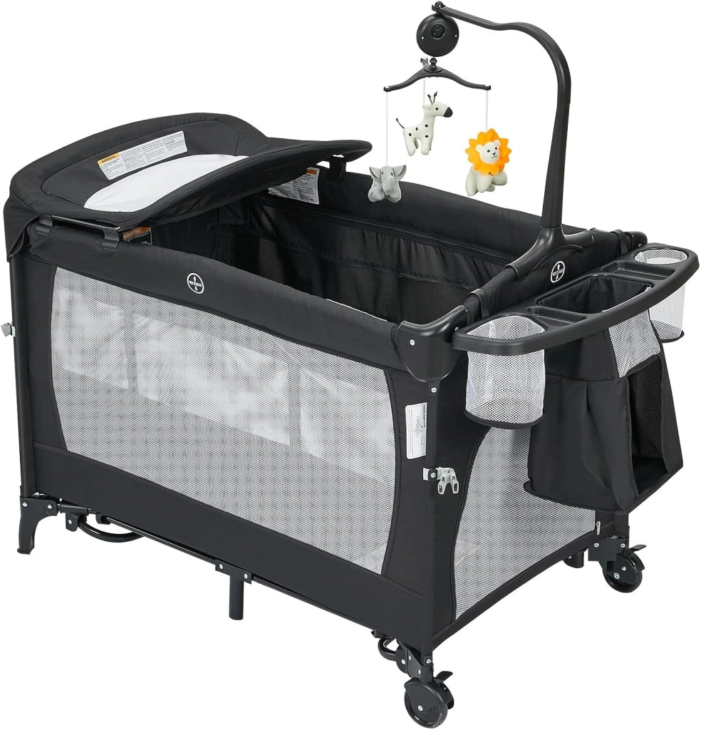 Lettino da viaggio 4 in 1 per neonati con materasso e letto aggiuntivo.