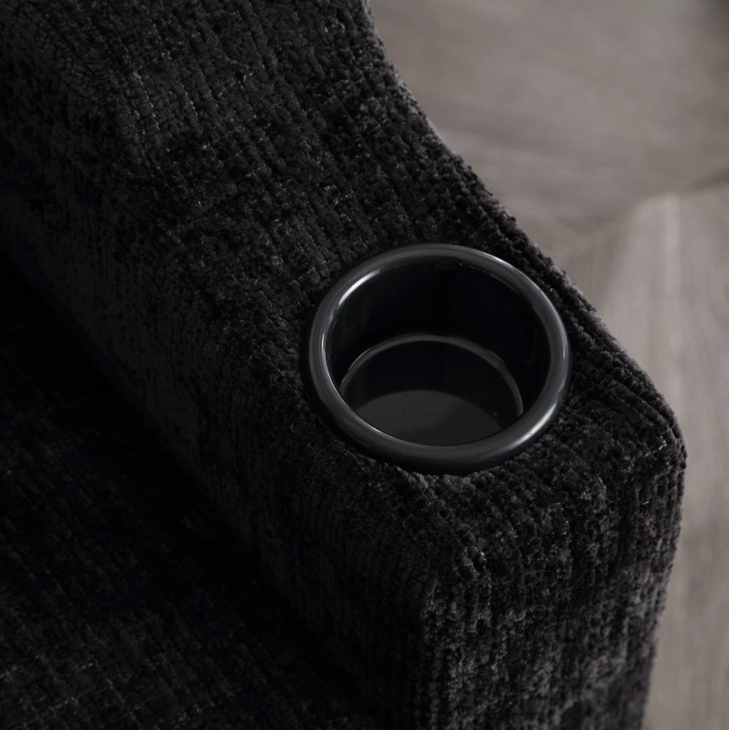 Divano 4 posti con pouf contenitore; portabicchieri e tasche laterali; chenille nero