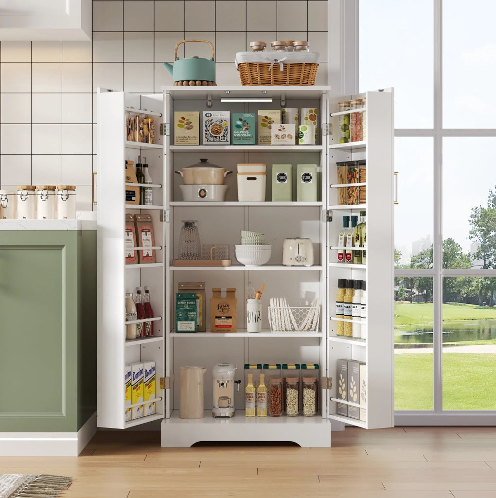 Credenza da cucina bianca salvaspazio con luce LED e ripiani