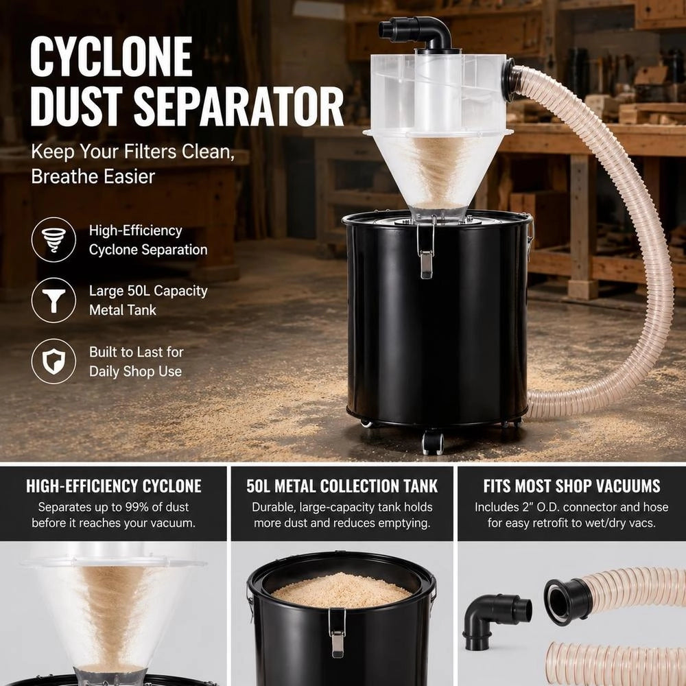 Cyclone Dust Separator With Metal Tank, 4-inch Retrofit Cyclone Separator For Dust Collectors, ABS Dust Separator With 2-inch Outer Diameter Connection And Hose For Wet/dry Vacuum Cleaners, Suitable For 13.21-gallon Tanks