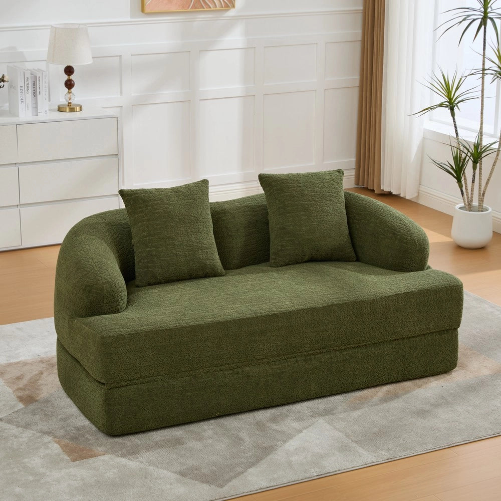 Divano letto 2 posti ¨C Minimal ¨C Verde chenille, con 2 cuscini