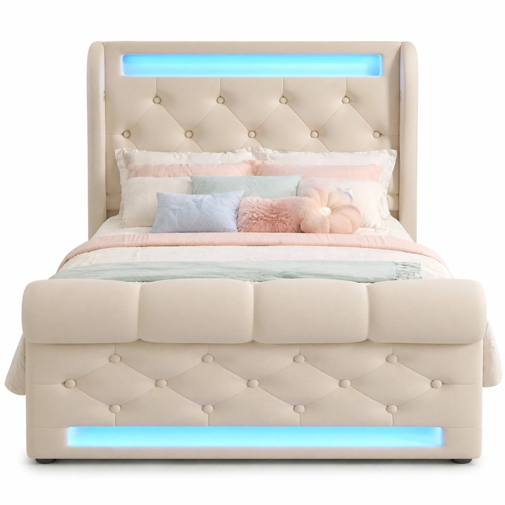 Letto imbottito contenitore 90 × 200 cm con LED; USB e Type-C; velluto beige
