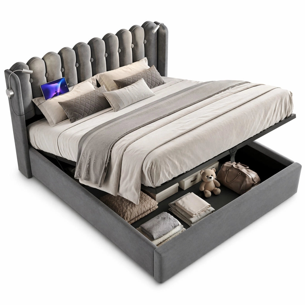 Letto imbottito 140x200 cm in velluto grigio con luci USB e vano contenitore