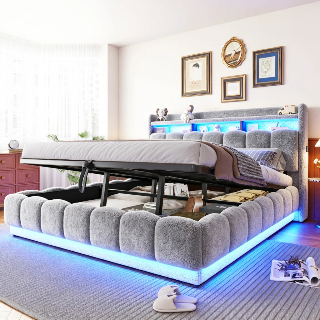Letto imbottito 180x200 cm con contenitore; LED e USB in bouclé e metallo