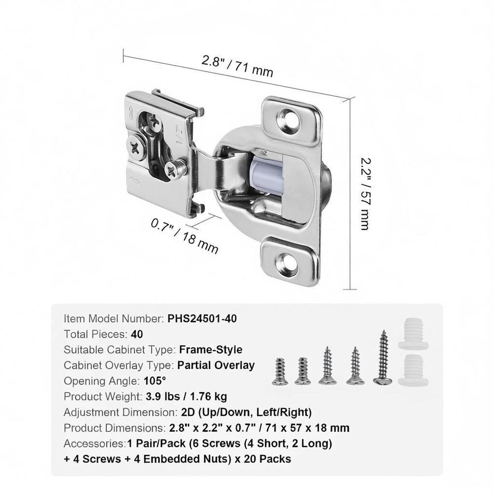 Cabinet Hinges, Set Of 40, Partially Surface-mounted Furniture Hinges, 105-degree Opening Angle, Soft-close, Hinges For Framed Cabinet Types, With Mounting Screws, 71 X 57 X 18 Mm