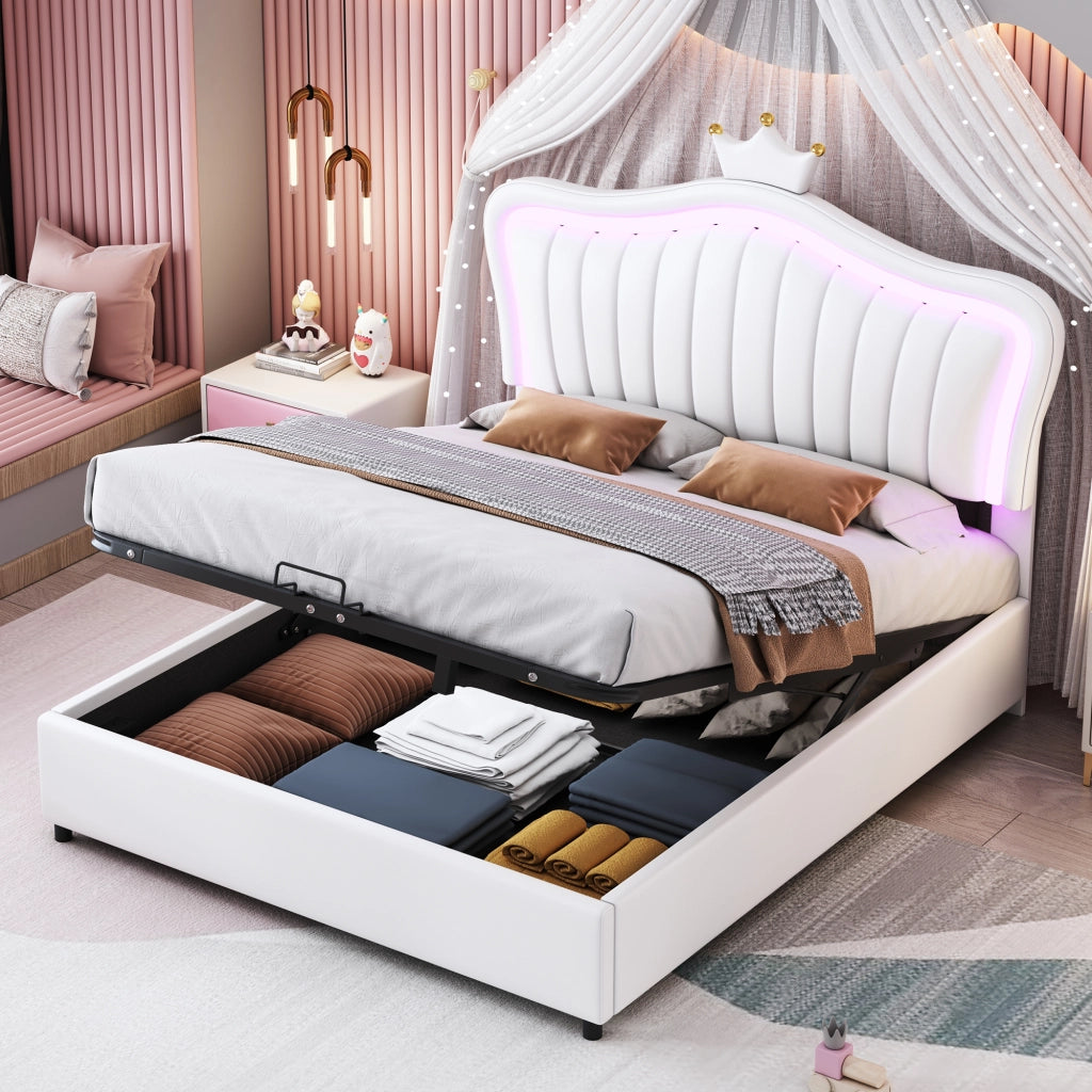 Letto per bambina imbottito 140 x 200 cm con corona e contenitore idraulico, struttura in ecopelle PU, luci LED, rete a doghe e schienale - Bianco