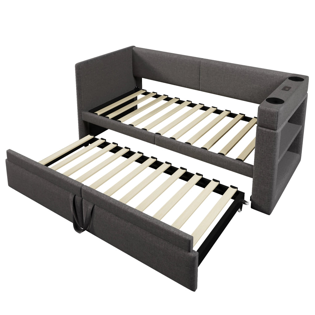 Daybed imbottito 90x200 cm con letto estraibile, USB, Type-C e portabicchieri