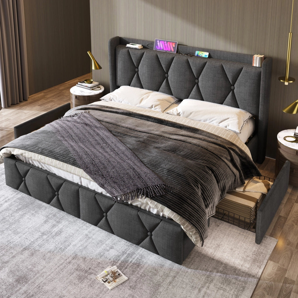 Letto imbottito 160x200 cm con 4 cassetti e prese USB in tessuto di lino grigio