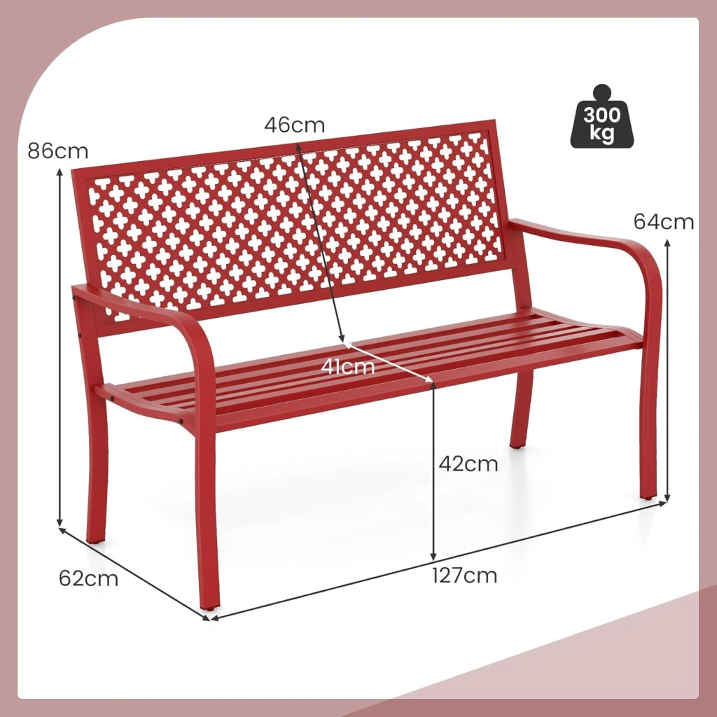 Panchina da Esterno, Panca da Giardin in Metallo con Schienale Traforato, Sedile a Doghe e Braccioli, Panchina Moderna per Cortile, Terrazzo e Giardino, Portata 300 kg (Rosso)