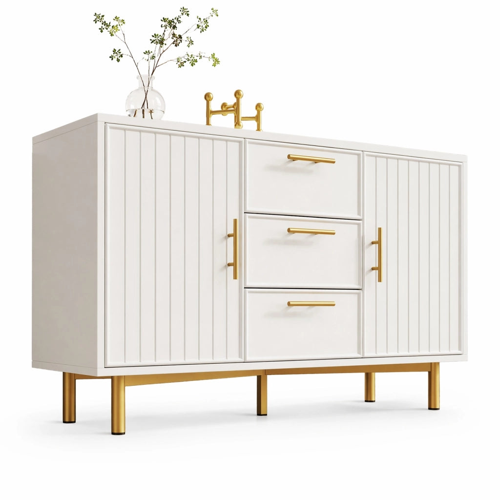Comò bianco con 2 ante e 3 cassetti, ripiano regolabile, 75x120x40 cm, base in metallo