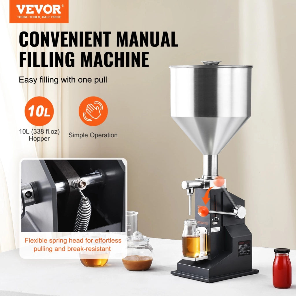 Riempitrice manuale A03 per liquidi e paste 5-50 ml con tramoggia 10 L in acciaio inossidabile 304 regolabile per officina e laboratorio