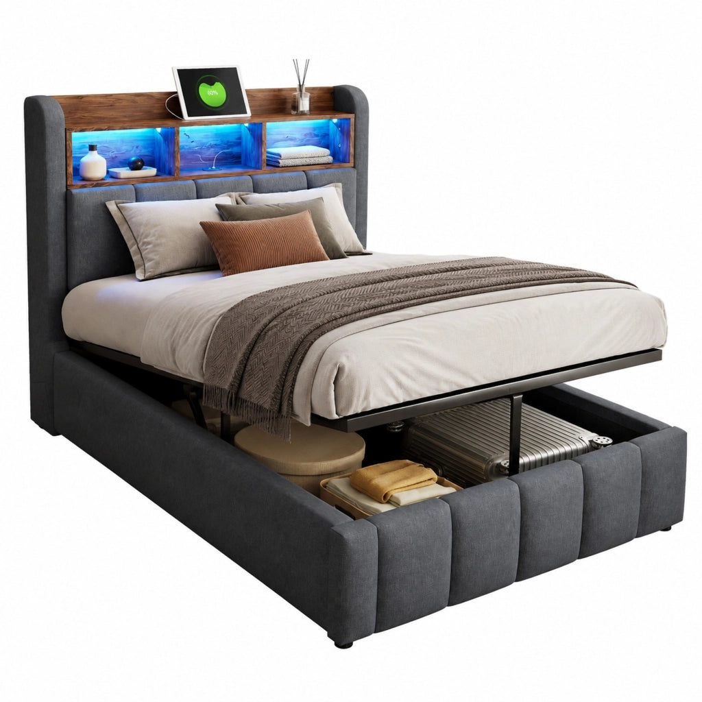Letto imbottito con LED e porta USB Tipo C, contenitore idraulico 90x200 cm, grigio