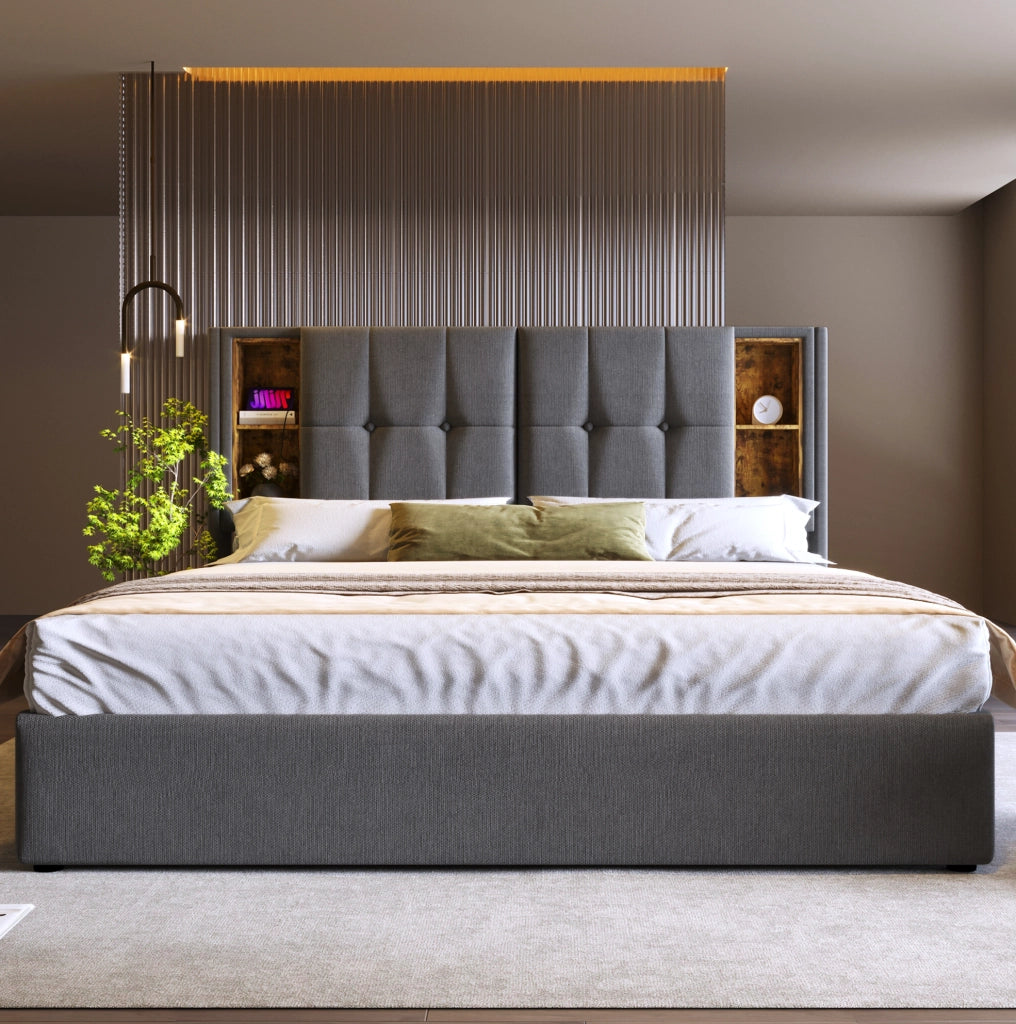 Letto imbottito 140x200 cm grigio con ricarica wireless, USB-C e vano contenitore