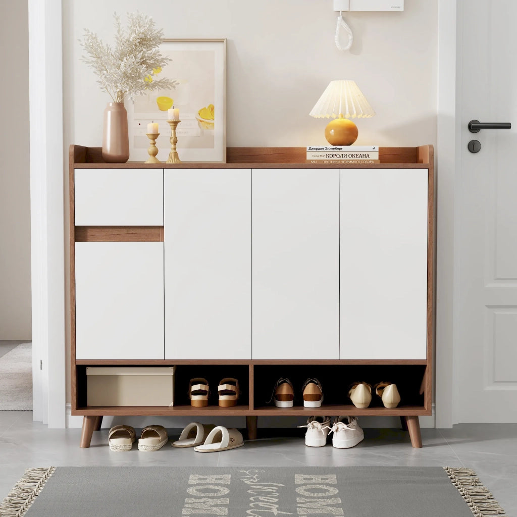 Mobile contenitore moderno bianco e naturale, 120x35x99 cm, 4 ante e 1 cassetto con ripiano regolabile, ampio spazio per soggiorno, cucina o ingresso