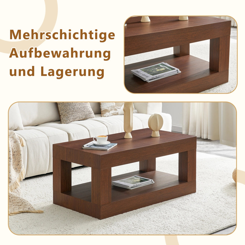 Tavolino da salotto fisso rettangolare a 2 livelli con ripiano aperto; in MDF; per soggiorno; 104×65.5×28 cm; noce