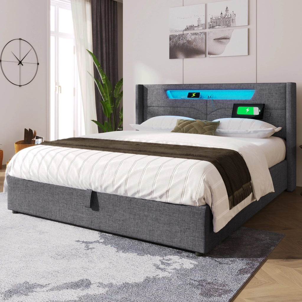 Letto 160x200 cm con contenitore, LED, USB e USB-C in tessuto di lino grigio