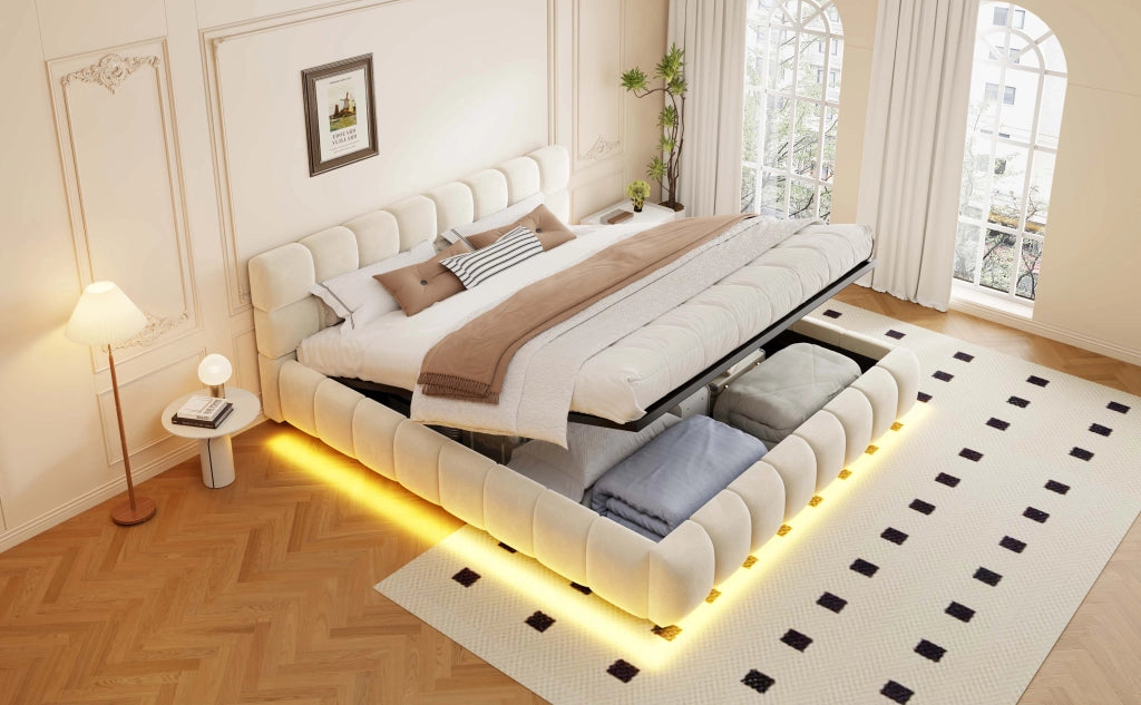 Letto contenitore matrimoniale 200 × 160 cm, illuminazione LED regolabile e testiera imbottita, senza materasso, beige