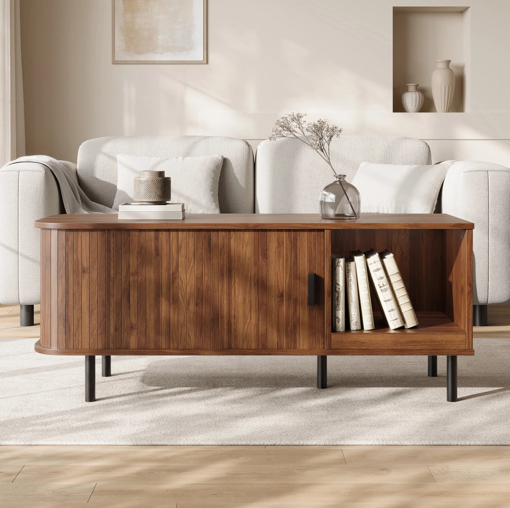 TAVOLINO DA CAFFÈ 110x40x55 cm Noce con anta scorrevole e vano aperto