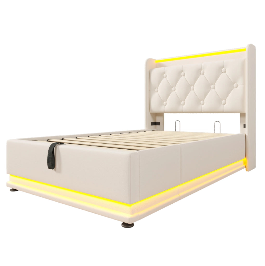 Letto imbottito singolo con LED 360°; USB e Type-C; contenitore idraulico; 90x200 cm; bianco PU