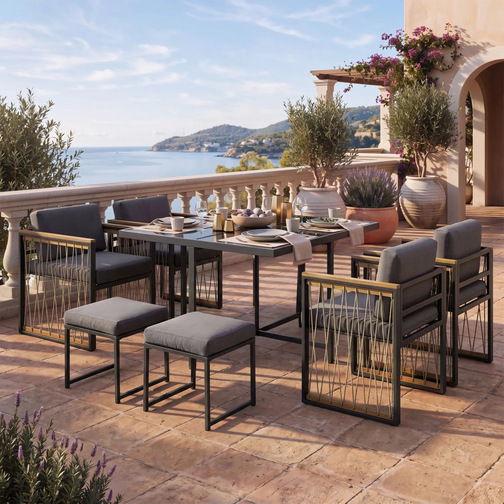 Set pranzo esterno 7 pezzi per 6 persone, tavolo in vetro temperato con braccioli in plastica e legno, ideale per giardino e terrazza