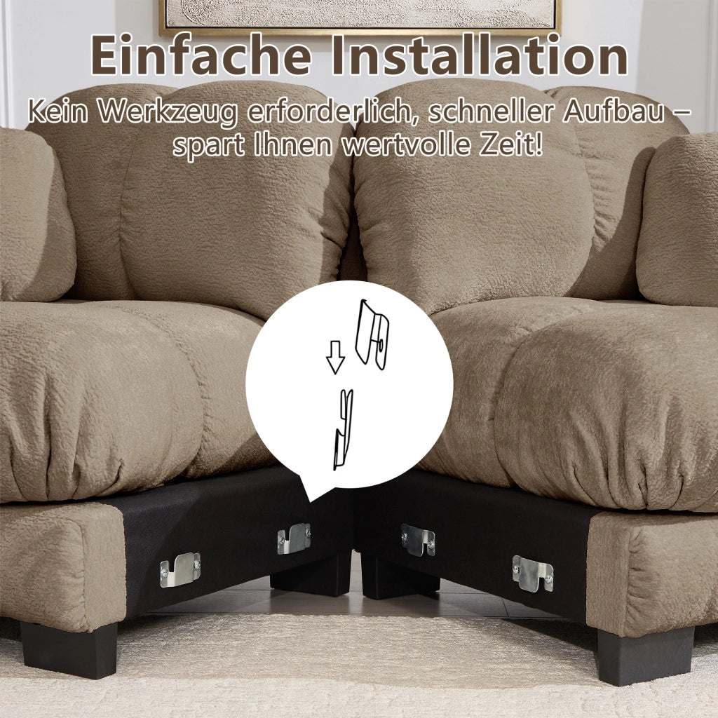 Divano modulare in ciniglia con sedute trapuntate e pouf mobili marrone 260 × 149 × 90 cm