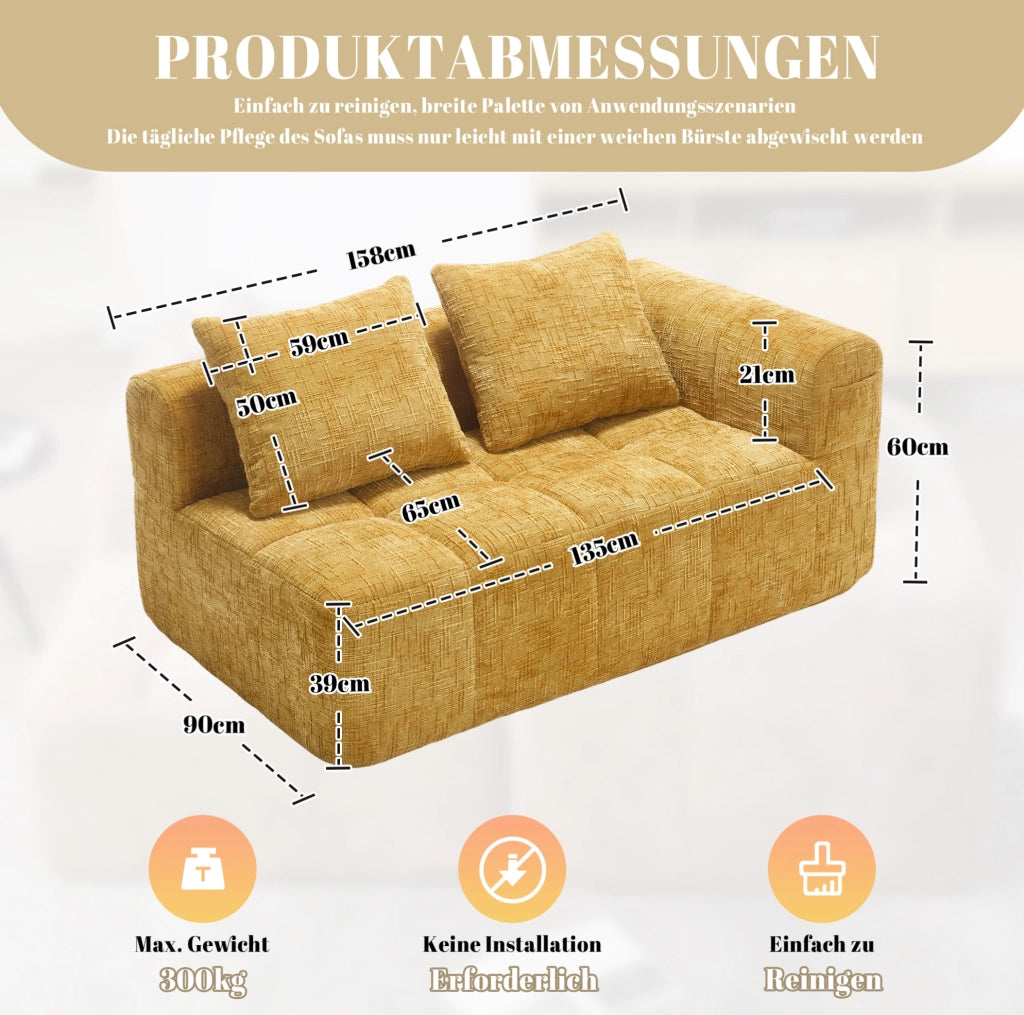 Divano chaise longue 158x90x60 cm con tasche laterali e cuscino in chenille giallo
