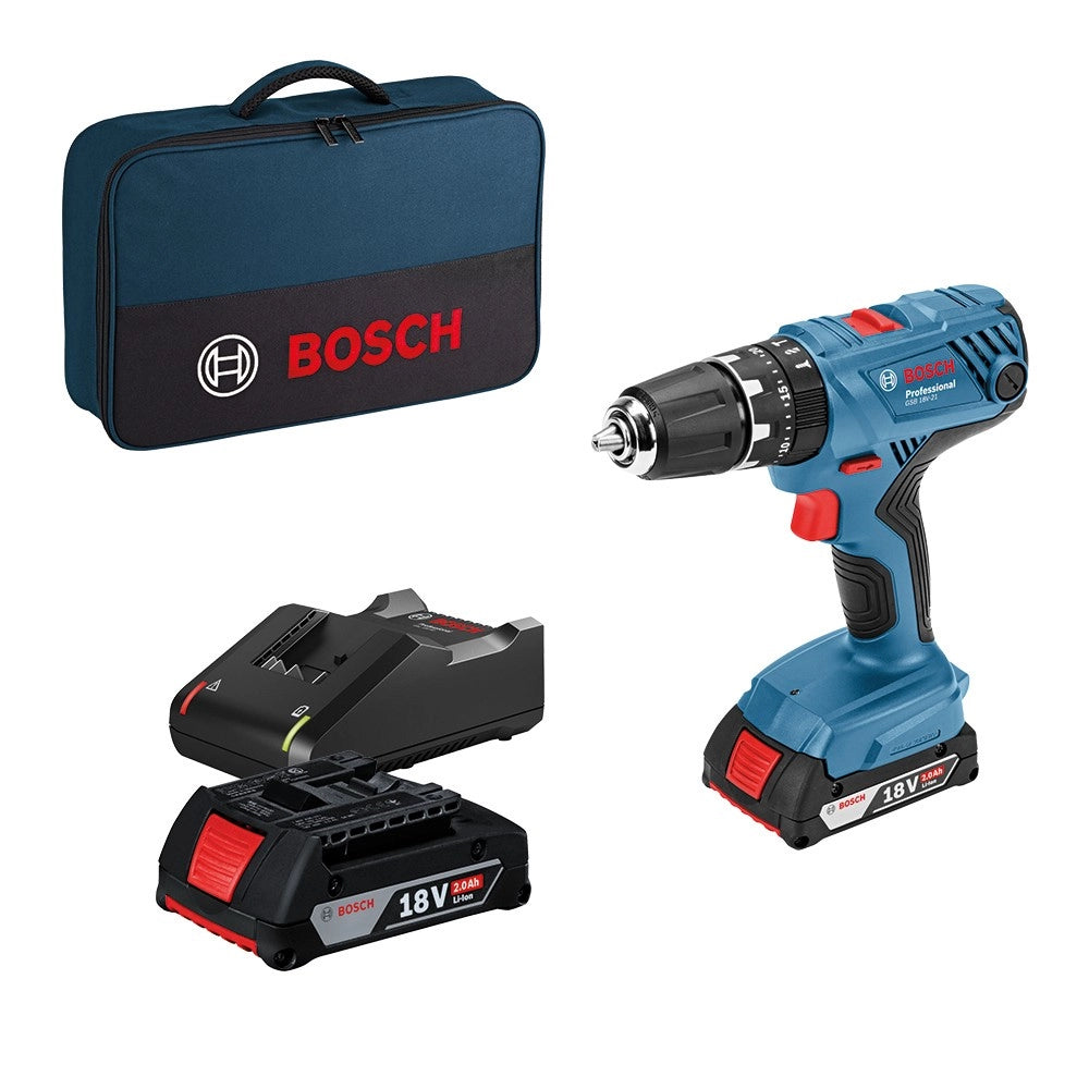 TRAPANO AVVITATORE BOSCH GSB 18V-21  CON 2 BATT. 2.0 AH E CARICATORE-0615990K41