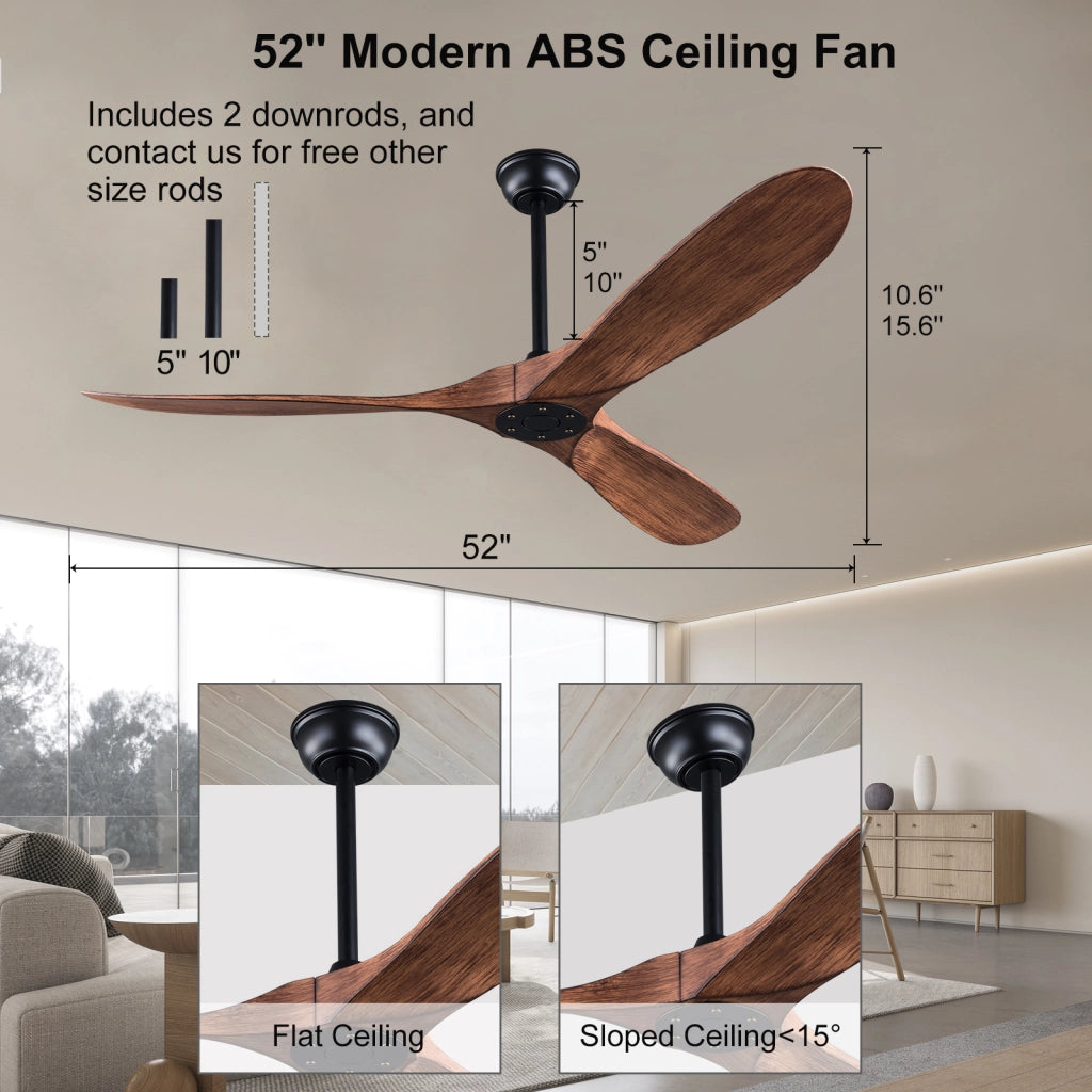 Ventilatore da soffitto moderno senza luce a 3 pale in ABS noce con motore dc reversibile e telecomando nero