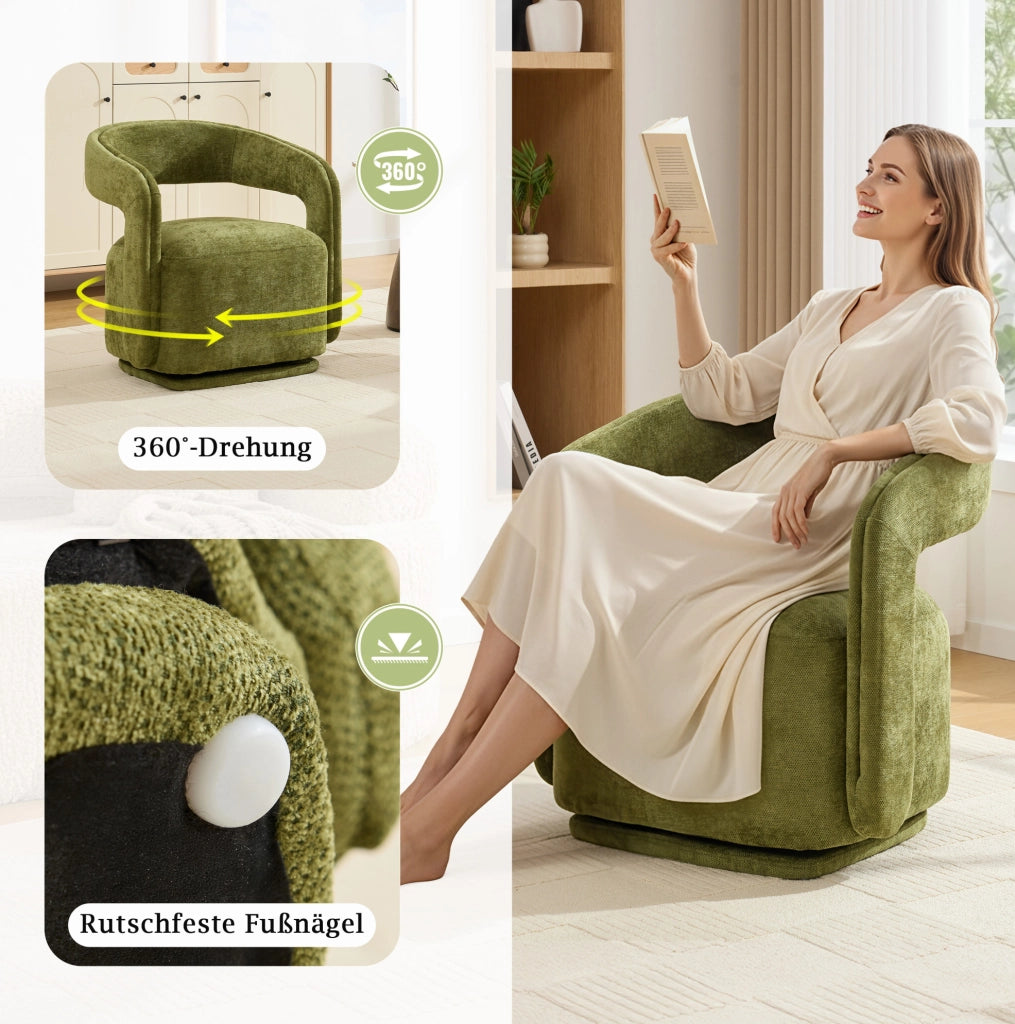 Poltrona girevole 360° in chenille verde, design Barrel Chair