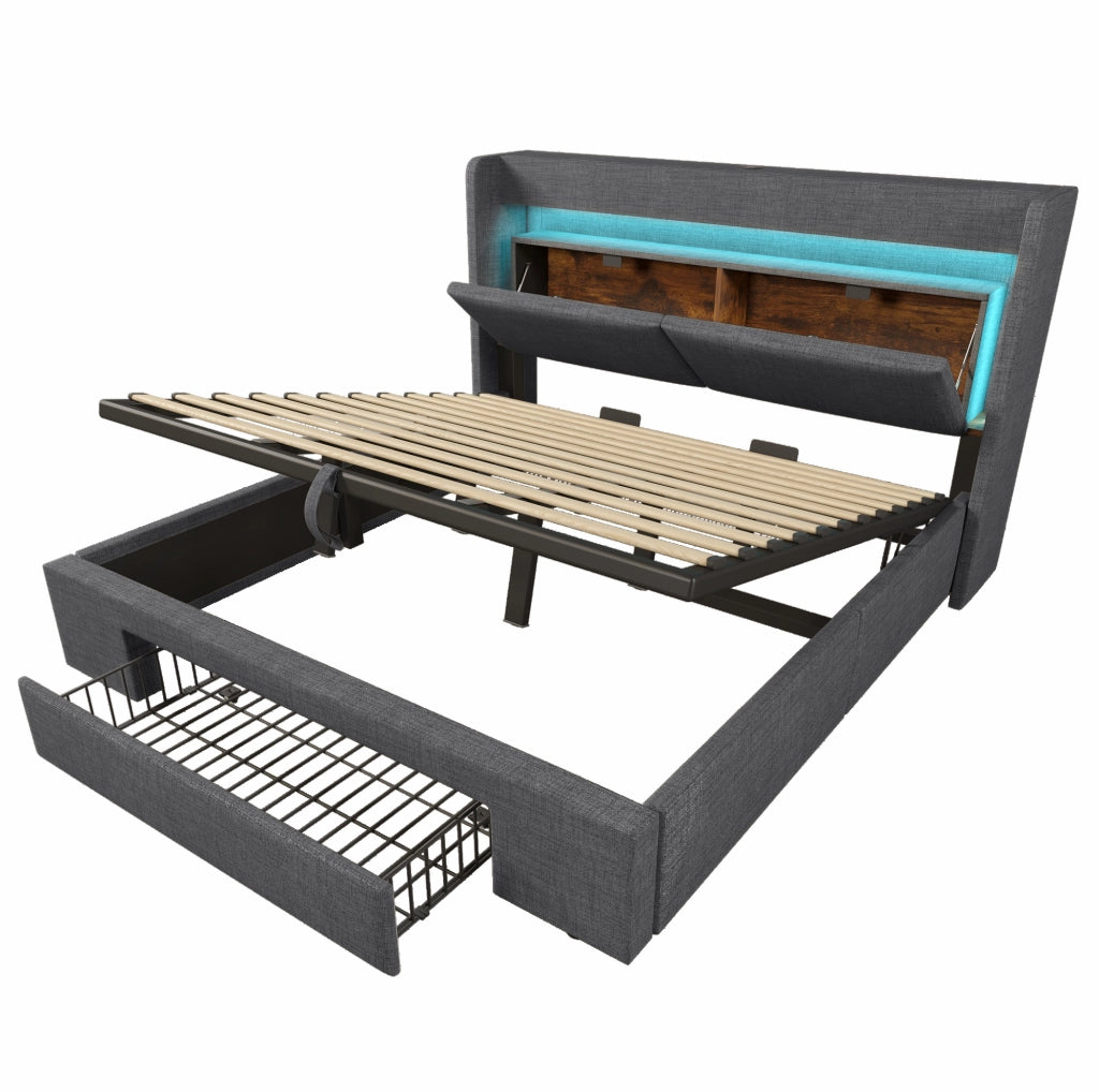 Letto imbottito 180 × 200 cm con contenitore idraulico; LED; USB/USB-C; lino grigio