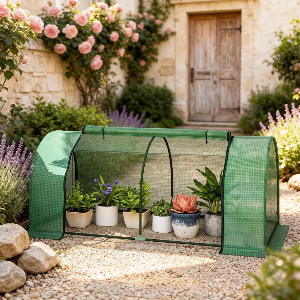 Desviae Serra da giardino per piante con telaio in acciaio e copertura in PE 2 × 1 × 0,80 m con porta avvolgibile