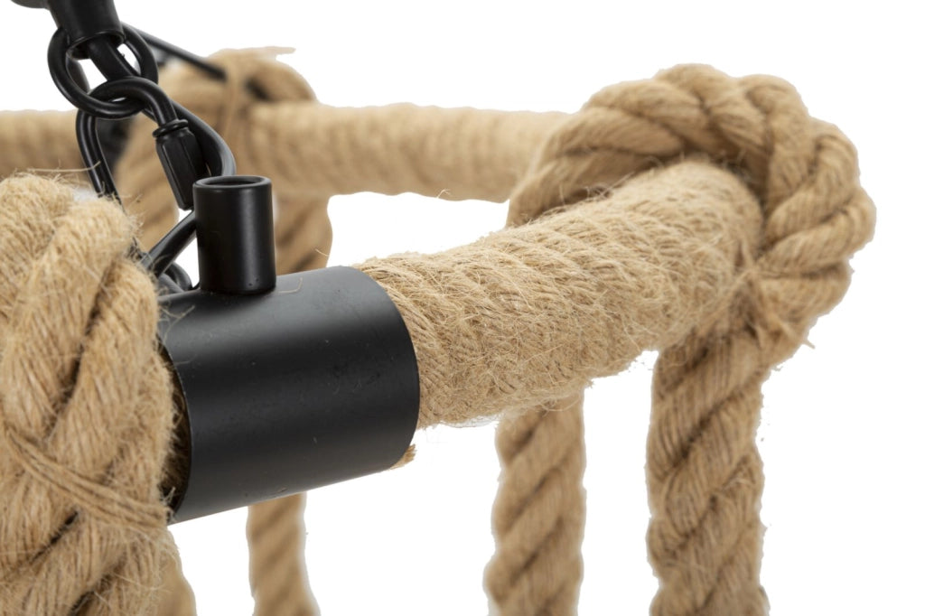 Lampadario Rope Circle Ø64x90 cm in Ferro e Corda Marrone e Nero