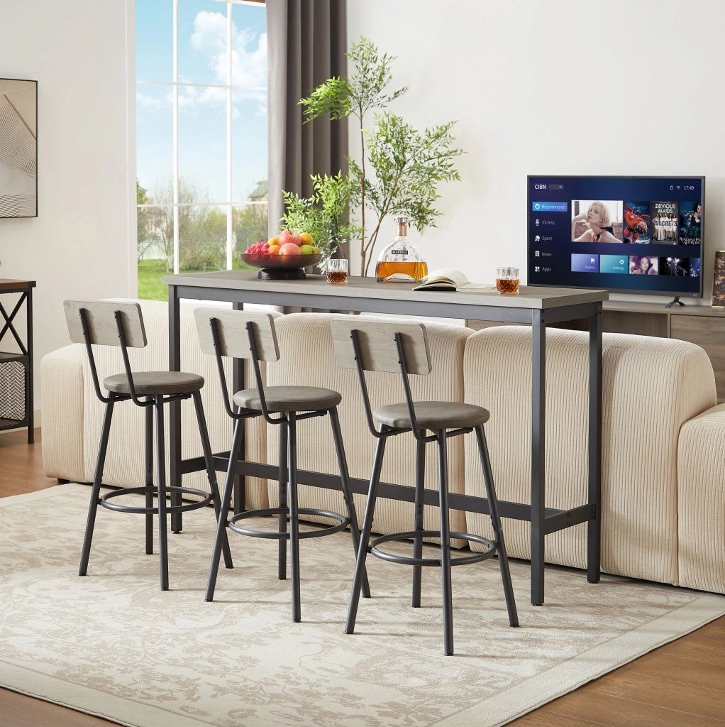 Set tavolo bar lungo grigio con 3 sgabelli imbottiti in PU, struttura in acciaio e pannello in truciolato, design industriale