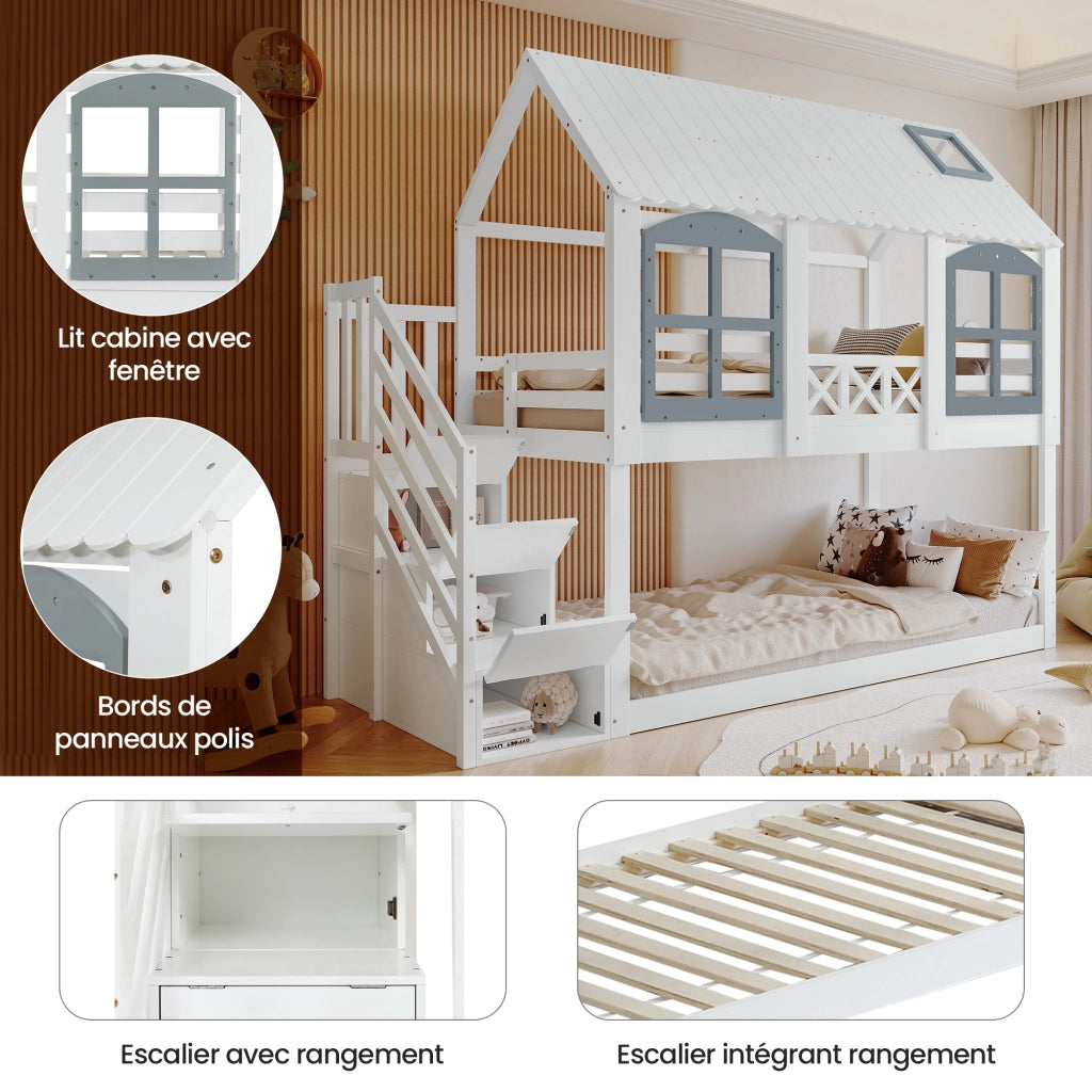 Letto a castello per bambini 90 × 200 cm 2 posti con scala e 3 armadietti; senza materasso; bianco e grigio